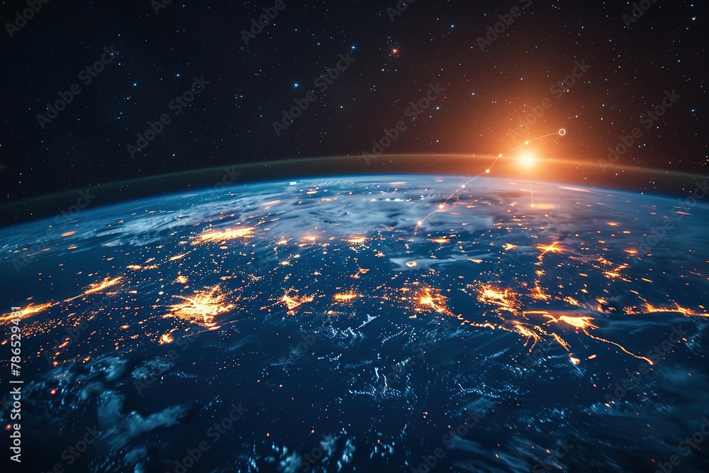 Poster a dark blue background with the planet earth in the foreground, connected by glowing lines of light 