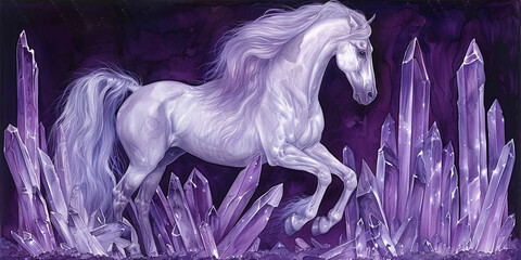 A horse is running through a field of purple crystals