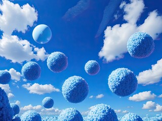 Fototapeta na wymiar a blue sky with several blue balls strewn all over it. The balls are round and fluffy, and the sky is clear and brilliant. There is a sense of peace and tranquility about the environment.
