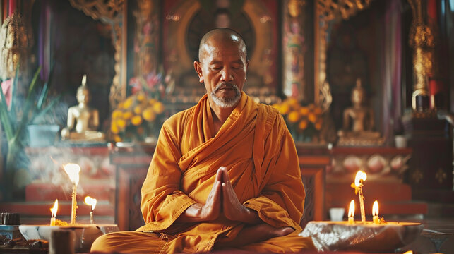 Buddhist Monk in deep meditation, surrounded by burning candles, in etting of a traditional Buddhist temple. Religion, traditional eastern meditation, prayer, spiritual practice