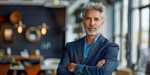 handsome businessman with gray hair and goatee in modern office, arms crossed - obrazy, fototapety, plakaty