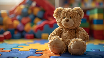 A teddy bear with the inscription 'autism awareness day' on the background of toys, representing support and acceptance for children with autism.
