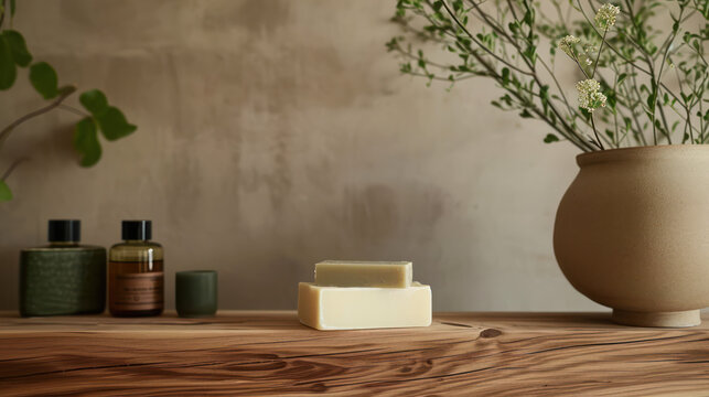 handmade soap in bathroom  in luxury apartment with a lof ot light from the clear glass windows neutral color  and brown theme