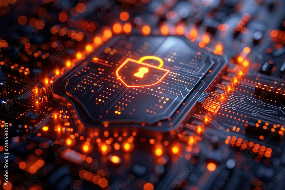 Poster 3d illustration of a shield with a lock icon surrounded by digital data and cyber security elements