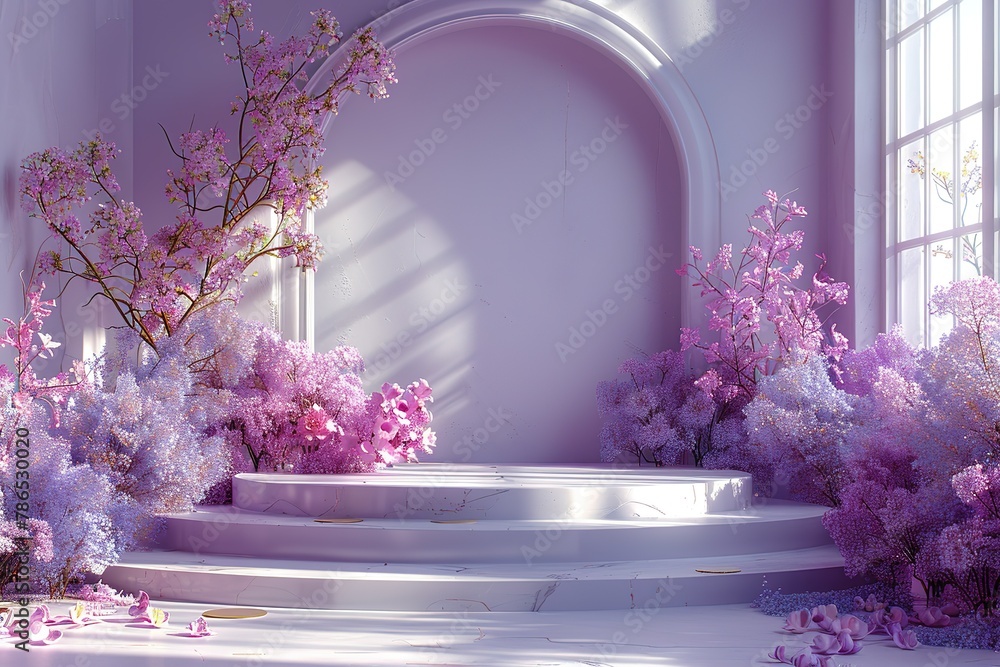 Poster 3d render of a podium with empty space mock-up, using a purple and gold color theme.