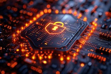 Obraz premium 3D illustration of a shield with a lock icon surrounded by digital data and cyber security elements