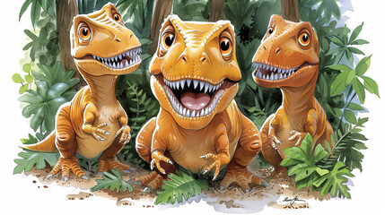 Three cartoon dinosaurs are standing in a forest - obrazy, fototapety, plakaty