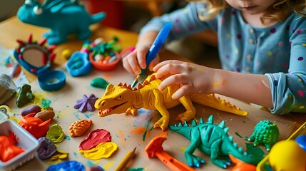 A child's hands are engaged in play, arranging an assortment of bright dinosaur figurines and playdough on a table.