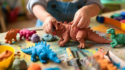 A child's hands are engaged in play, arranging an assortment of bright dinosaur figurines and playdough on a table. - obrazy, fototapety, plakaty