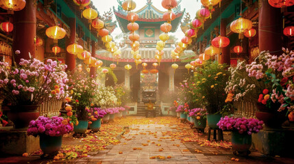 Enchanting photograph capturing a temple adorned with vibrant lanterns, flowers, and flags in honor of Vesak, radiating a sense of spirituality and celebration amidst the colorful decorations.