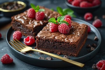 A plate of chocolate brownies with raspberries on top