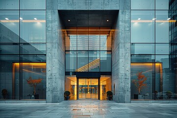 A large building with a glass facade and a large entrance