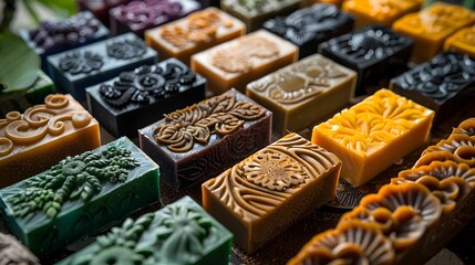 Close-up of a collection of artisanal, handcrafted natural soaps with intricate designs, highlighting organic beauty.