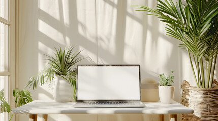 Laptop mockup on white table in living room, minimalistic interior design of modern home office space with laptop and green plant. blank screen template for web site presentation or online shopping