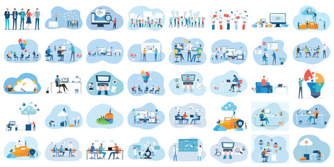 set business flat vector illustration design style concept. for graphic and web page banners. cartoon character design. team online video conference meeting. business planning. data analytics - obrazy, fototapety, plakaty
