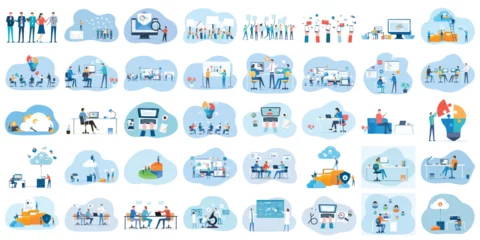  set business flat vector illustration design style concept. for graphic and web page banners. cartoon character design. team online video conference meeting. business planning. data analytics © apinan
