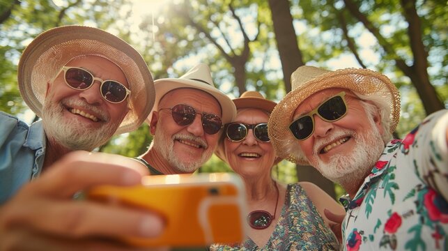 Happy group of senior people smiling at camera outdoors - Older friends taking selfie pic with smart mobile phone device - Life style concept with pensioners having fun together on summer holiday