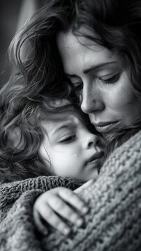Mother comforting her crying child A poignant portrayal of a mothers love and care Focus on the mothers gentle embrace and the childs vulnerability
