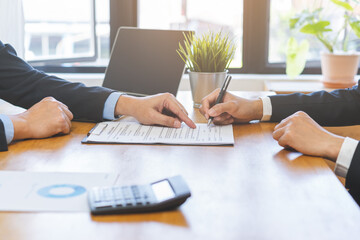 Business finance concept, teamwork and partnership asian businessman customer and salesman...