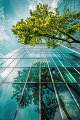 A tall glass building surrounded by lush green trees, reflecting the surrounding nature and creating an eco-friendly atmosphere. A low angle shot captures its towering presence from below
