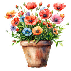 A delightful set of watercolor clipart featuring various spring flowers in pots, Vibrant Spring Flowers in Pots Watercolor Clipart, Watercolor Garden Potted Plants, Floral PNG, Terracotta Pot PNG, 

