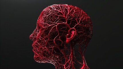 3D digital artwork of the human head's blood vessels. Depicted from a unique angle, against a black background. - obrazy, fototapety, plakaty