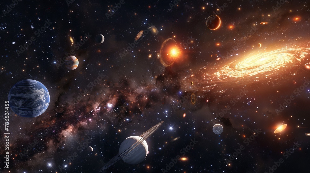 Poster a 3d computer-generated image of outer space with planets, stars, and galaxies.