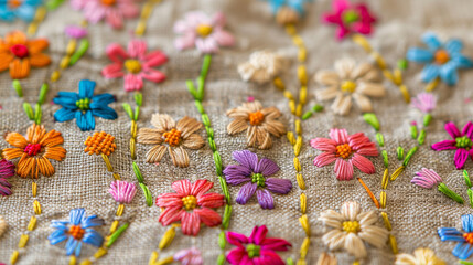 Fototapeta na wymiar Colorful embroidered flowers on linen fabric.