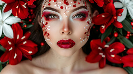 A woman with red face paint and red flowers around her face
