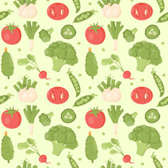  Vegetable seamless pattern with vegetables. Broccoli, fennel, tomato, cucumber, radish, celery, peas