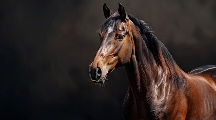 A beautiful horse standing out against a black backdrop.