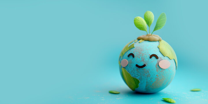 3d cute earth with smile and leaf on top, pastel color background for world environment day concept banner design, copy space area