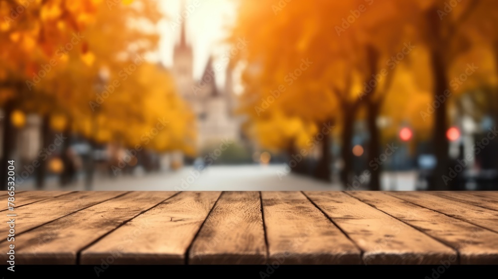 Poster the empty wooden table top with blur background of european street in autumn. exuberant image. gener