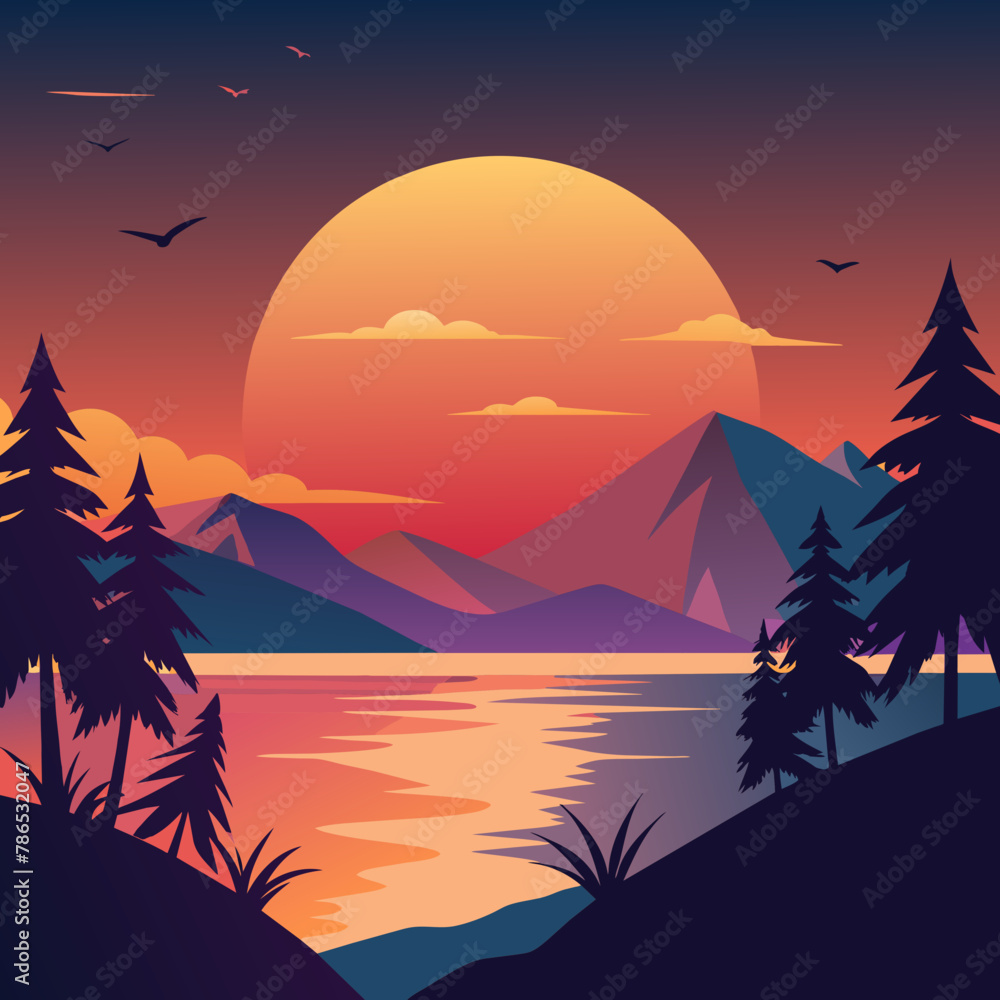 Wall mural sunset with palm tree vector illustration