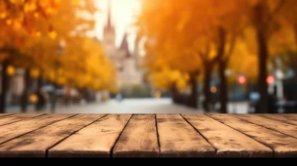 Foto op Aluminium The empty wooden table top with blur background of European street in autumn. Exuberant image. generative AI © Summit Art Creations