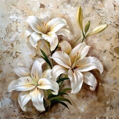 Palette of nature white lilies in oil stand regal against a textured beige realm