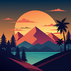 Fototapeta na wymiar sunset with palm tree vector illustration