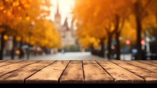 The empty wooden table top with blur background of European street in autumn. Exuberant image. generative AI