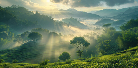 A beautiful tea plantation in the early morning, with sun rays through the fog at dawn. Beautiful...