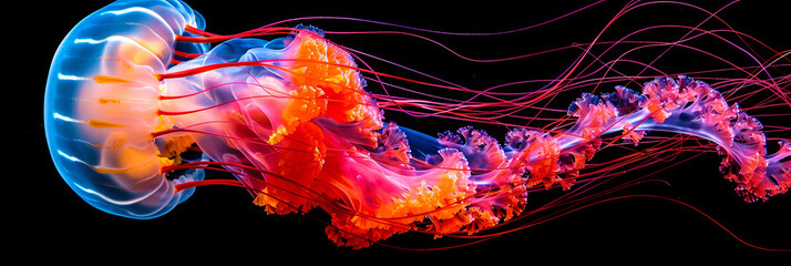 A jellyfish with red and orange tentacles - obrazy, fototapety, plakaty
