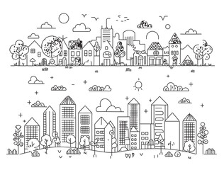 village skyline seamless pattern in line art style - landscape with houses, trees clouds. Isolated vector illustration of beautiful cityscape for real estate and property banner or card.