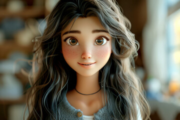 Fototapeta premium 3D cartoon, cartoon character, young woman with long hair and big eyes looking at the camera