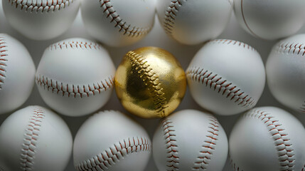 Golden baseball atop white baseballs with isolated background, Generative AI
