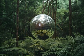 big disco ball floating in the middle of a green forest, cinematic for Earth Day