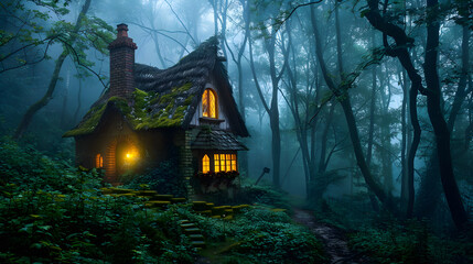 Fototapeta na wymiar Enchanted Fairytale Forest and Cabin Under the Starlit Sky: A Mystical Haven for Stories Unraveling