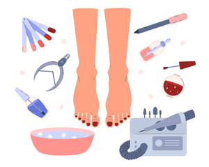 Manicure and pedicure kit with red and blue nail polish and tools.