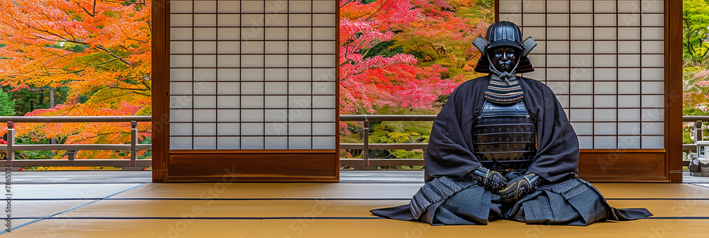 Wall mural a statue of a samurai sits on a mat in front of a window