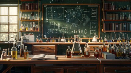 A chemistry classroom with a teacher's desk, lab equipment, and a blackboard full of formulas. There are bottles of chemicals on the shelves for science and education. - obrazy, fototapety, plakaty