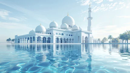 Selbstklebende Fototapeten 3d rendering of white mosque with reflection on water, Abu Dhabi city landscape background, blue sky and clouds.Eid al-Adha © Eugenia Sh