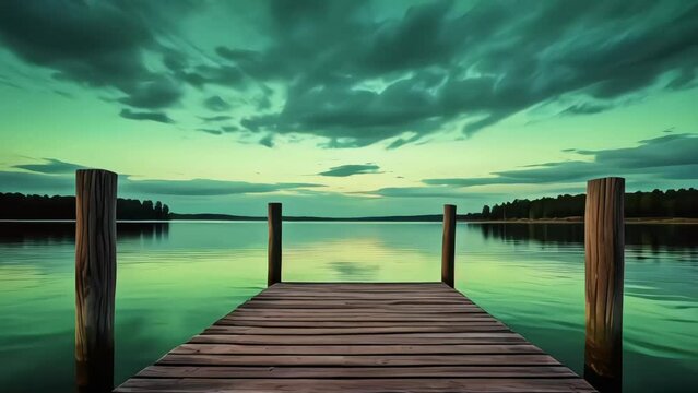 Green and blue sky and Wooden dock with reflection lake water
